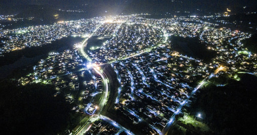 aerial view of city at night