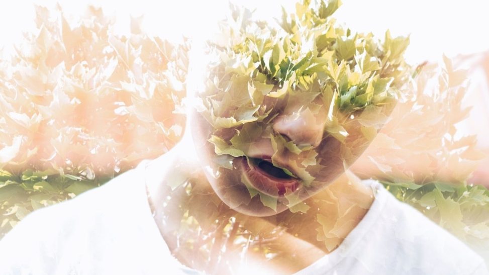 photo of boy with leaves over eyes